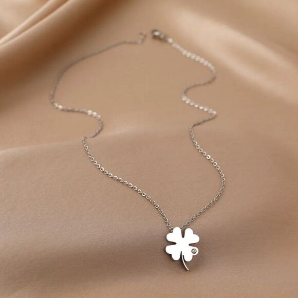 Lucky Four-Leaf Clover Gem Pendant Necklace in Silver - Picture 1 of 4